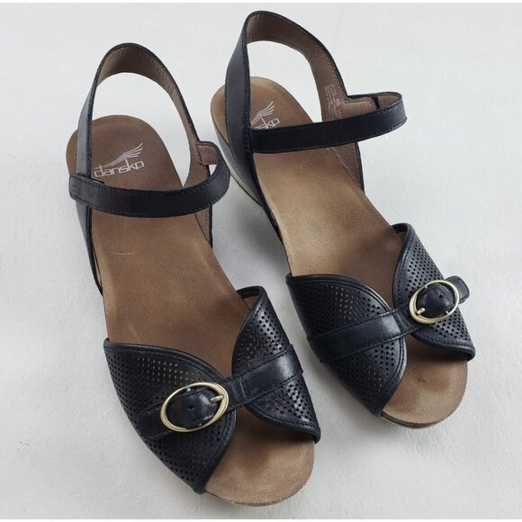 Dansko Vanna Wedge Slingback Sandal Womens 9.5-10 40 Black Strappy Peep Toe Shoe - Picture 1 of 10